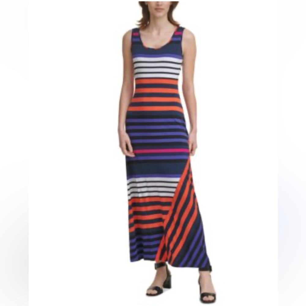 Calvin Klein Vibrant Stripe Maxi Dress Resortwear Vacation Colorful Large Tank